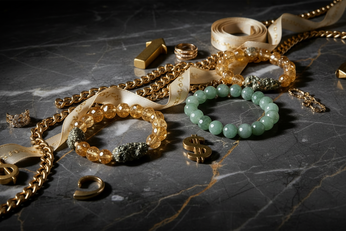 Executive wealth and career success natural crystal bracelets beside authentic YUNTHIA jewelry box
