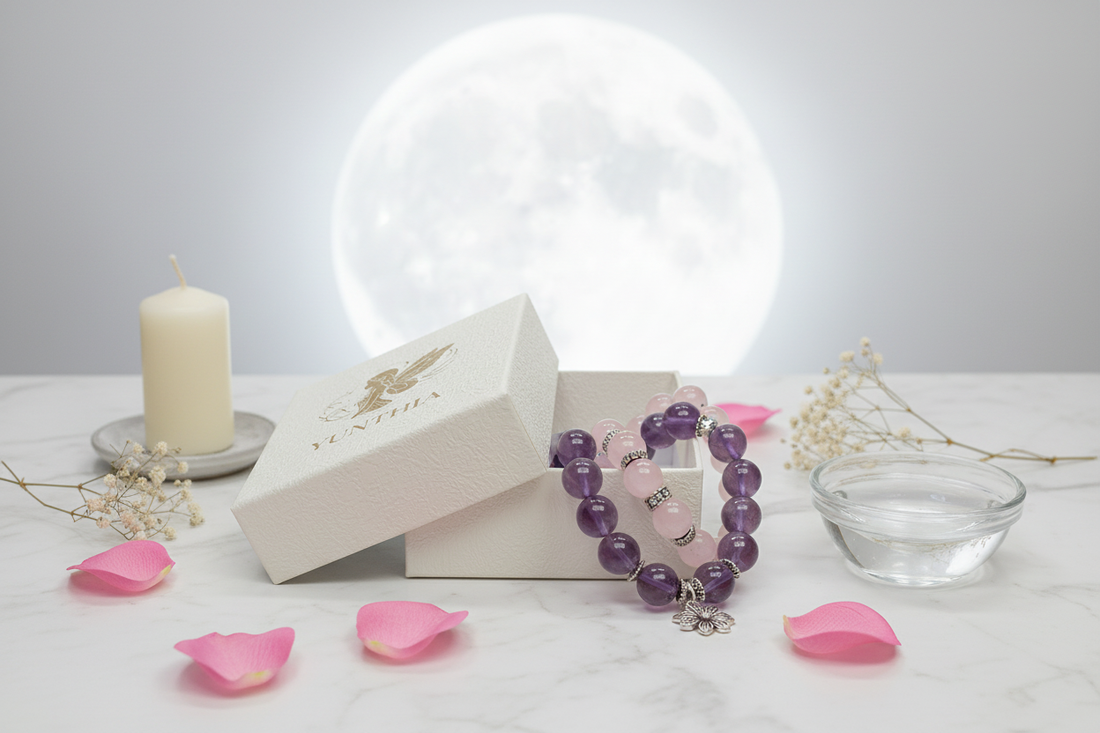 Natural Moonstone and Amethyst crystal bracelets arranged for full moon cleansing ritual beside authentic YUNTHIA jewelry box