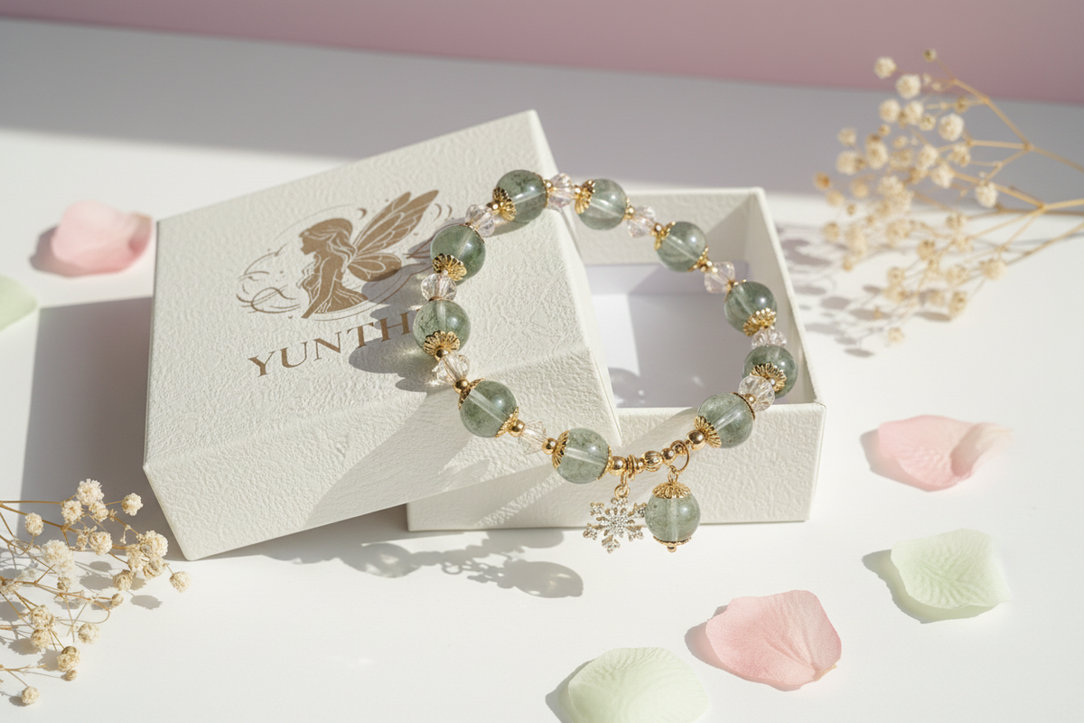 Natural Green Phantom Quartz crystal bracelet beside authentic YUNTHIA jewelry box for career success