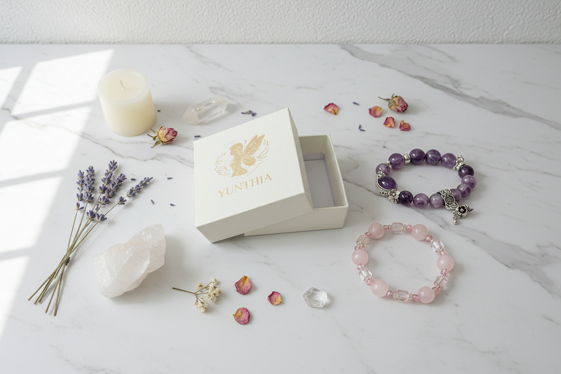 Natural crystal bracelets cleansed on Selenite charging plate with fragrant Palo Santo beside authentic YUNTHIA jewelry box