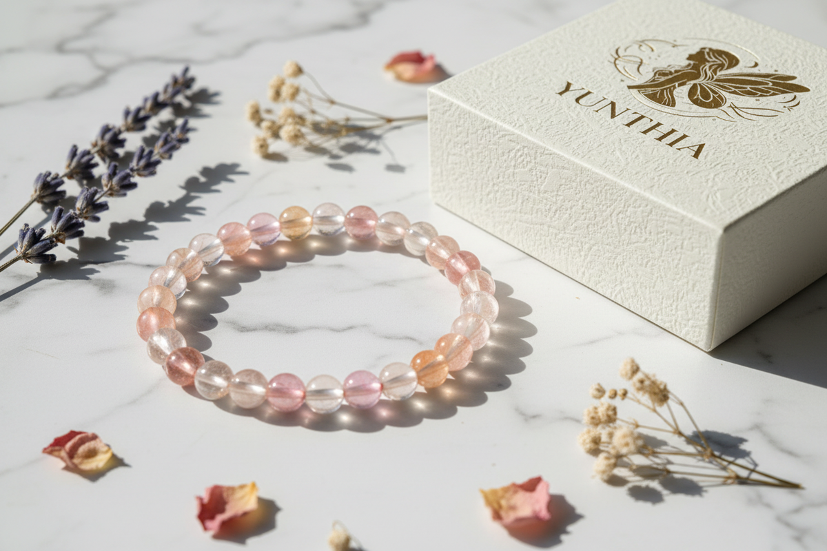 Natural Pure Morganite crystal bracelet beside authentic YUNTHIA jewelry box for divine love and heart chakra peace