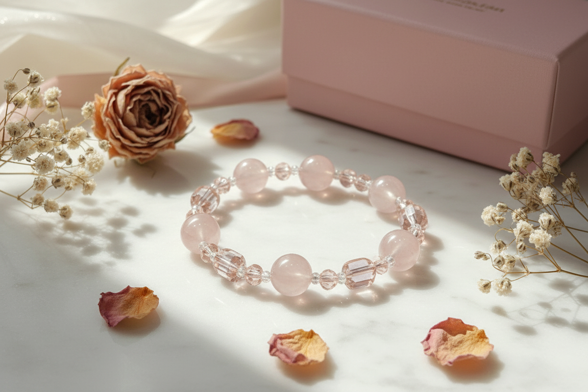 Natural Rose Quartz crystal bracelet beside authentic YUNTHIA jewelry box for unconditional love and heart chakra healing