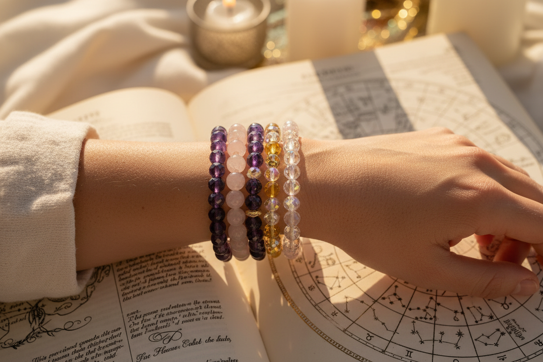 Celestial natural crystal bracelets aligned with 12 zodiac astrological signs beside authentic YUNTHIA jewelry box