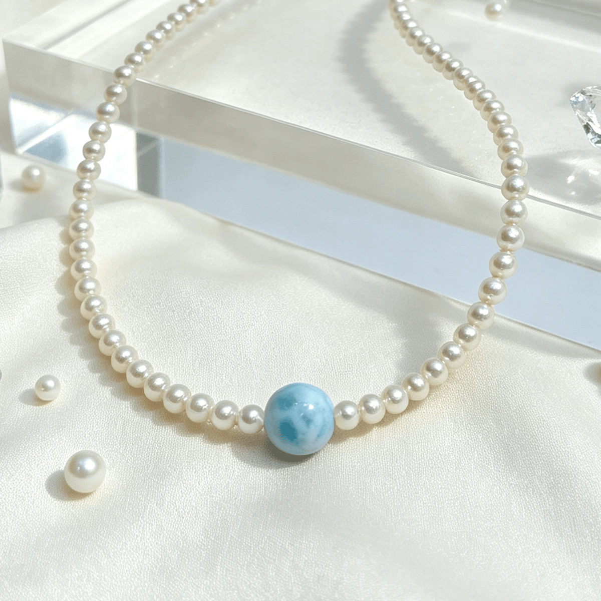 Sea Veil ✧ Natural Larimar Single‑Bead Pearl Choker Necklace - YUNTHIA