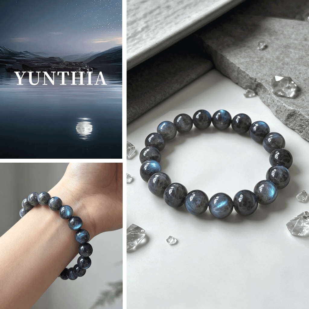 Natural Grey Moonstone Labradorite Bracelet, Flowing Blue Sheen Crystal