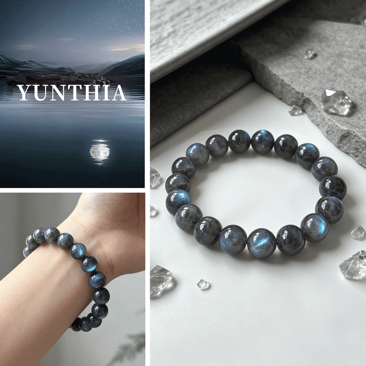 Natural Grey Moonstone Labradorite Bracelet, Flowing Blue Sheen Crystal