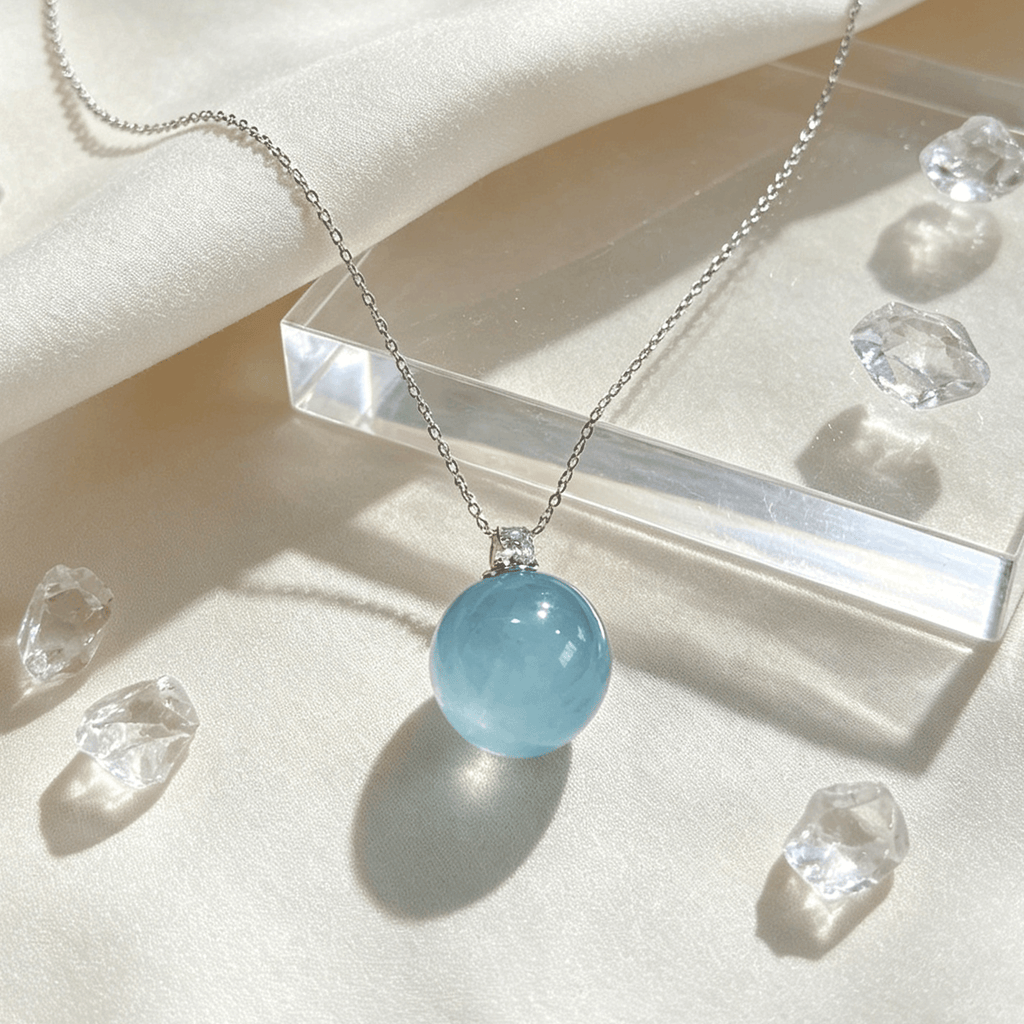 Ocean Calm Aquamarine Sphere Crystal Necklace · Sterling‑Silver - YUNTHIA