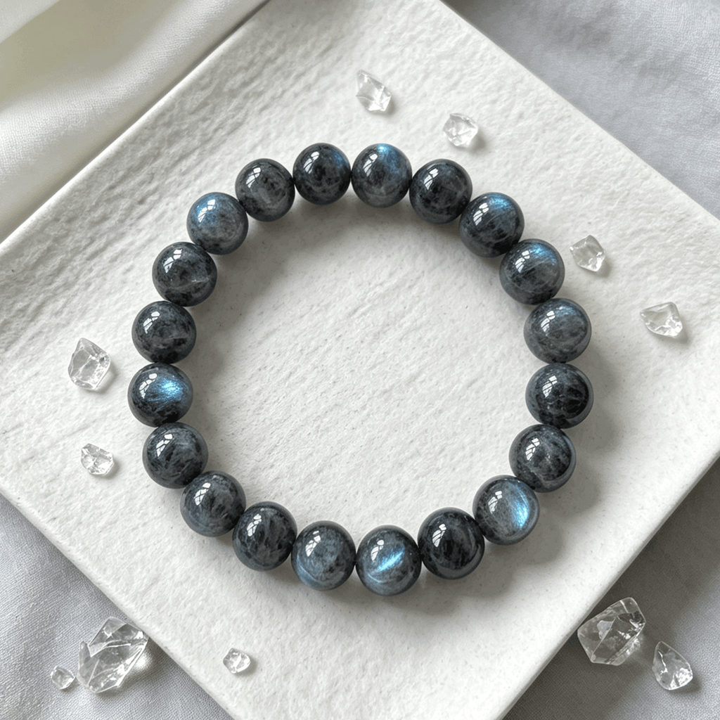 Natural Grey Moonstone Labradorite Bracelet, Flowing Blue Sheen Crystal