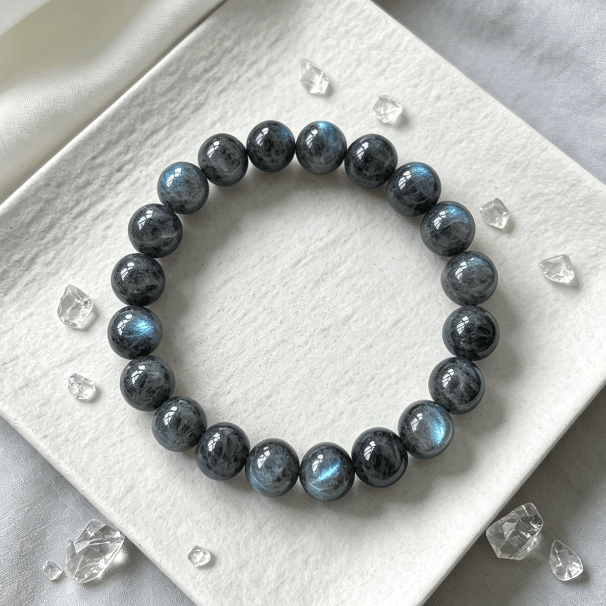 Natural Grey Moonstone Labradorite Bracelet, Flowing Blue Sheen Crystal