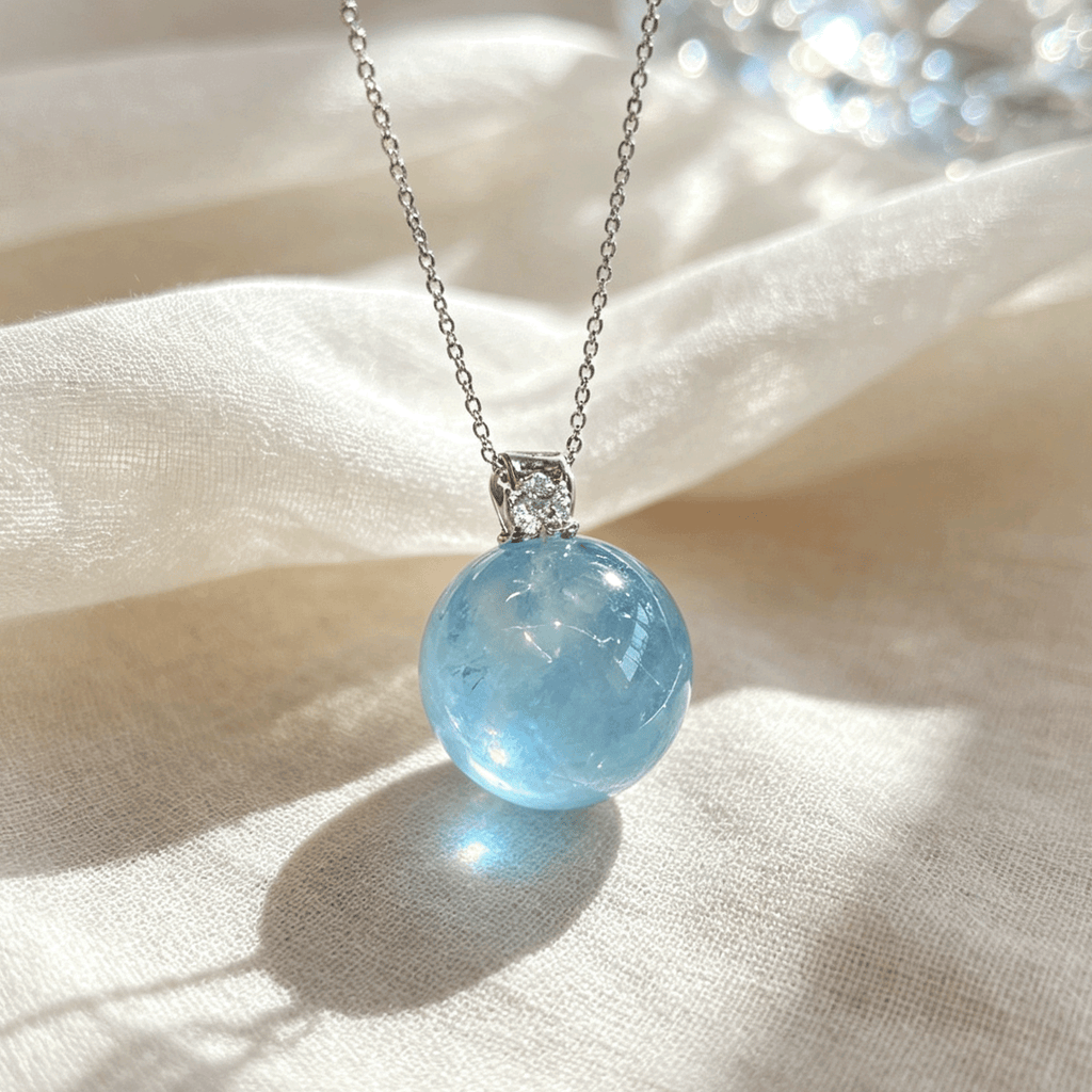 Ocean Calm Aquamarine Sphere Crystal Necklace · Sterling‑Silver - YUNTHIA