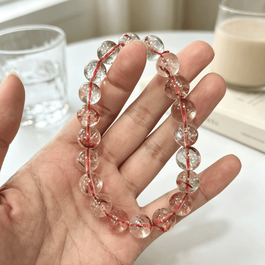 Red Flower Quartz Bracelet  Natural Red Amphibole Crystal Beaded Bracelet