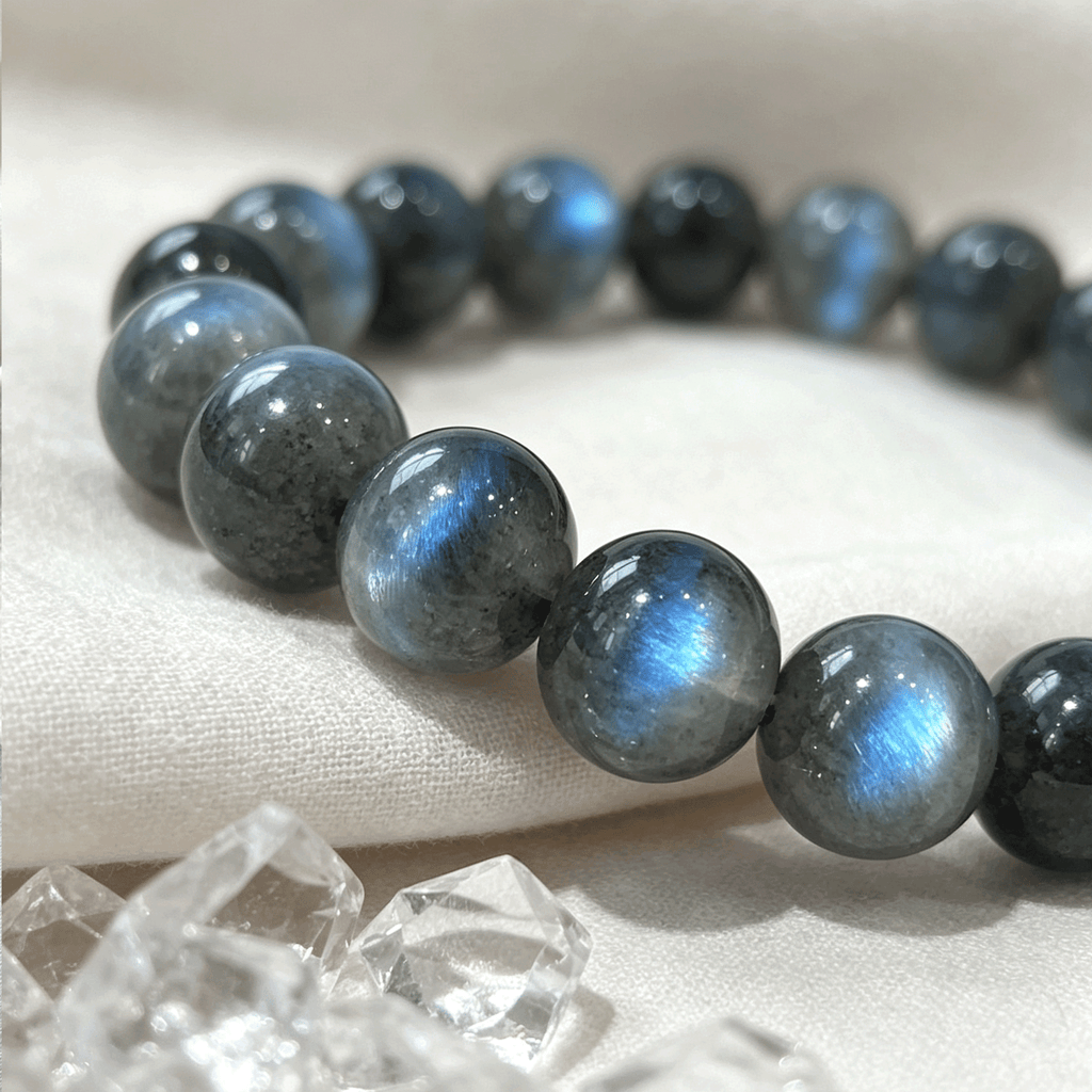 Natural Grey Moonstone Labradorite Bracelet, Flowing Blue Sheen Crystal