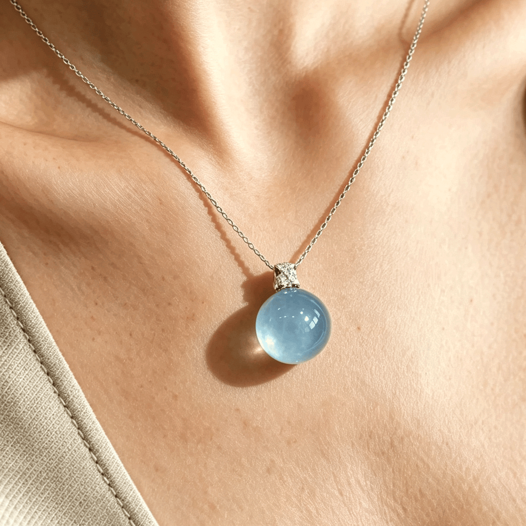 Ocean Calm Aquamarine Sphere Crystal Necklace · Sterling‑Silver - YUNTHIA