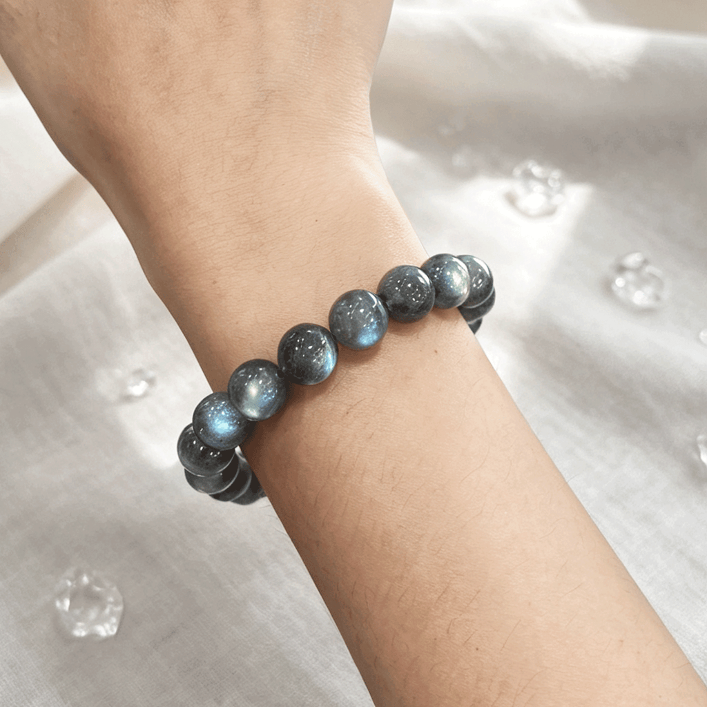 Natural Grey Moonstone Labradorite Bracelet, Flowing Blue Sheen Crystal